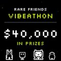 A promotional graphic for a 'RARE FRIENDS VIBEATHON' offering '$40,000 IN PRIZES' with pixel art icons of items below.
