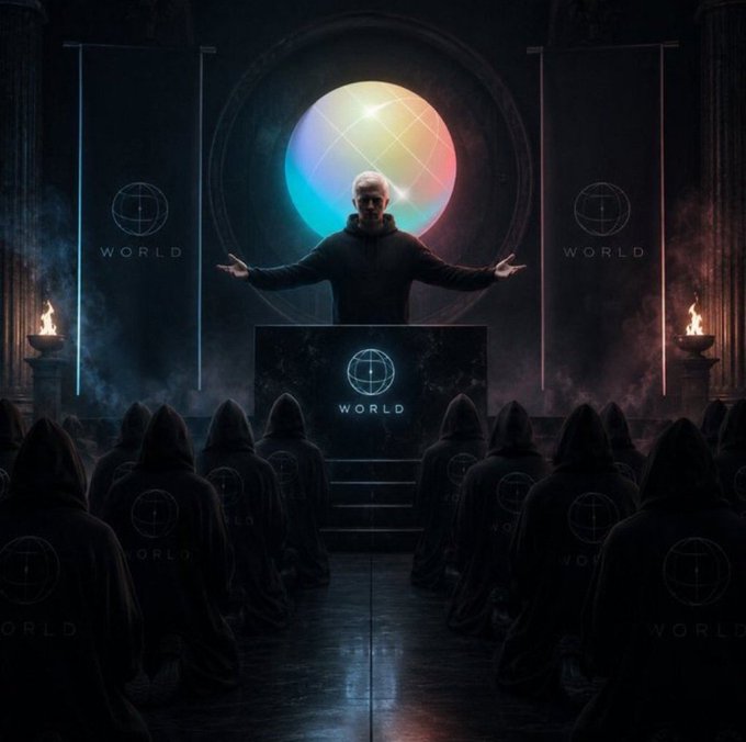 A stylized digital artwork depicting a figure with outstretched arms on a stage before a glowing orb, addressing a crowd of hooded figures marked with a "WORLD" logo.