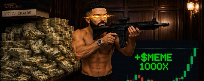 A muscular man with glowing golden eyes aims an assault rifle beside massive stacks of cash, with a green "+$MEME 1000X" chart displaying bullish candles—capturing the post's "GM CT, let's find the next 1000x" call to hunt for explosive meme coin gains.