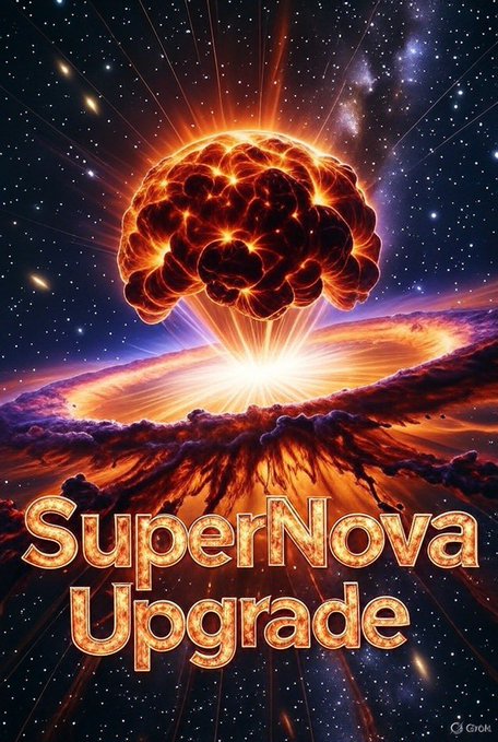 A digital artwork depicts a glowing brain-shaped explosion resembling a supernova above a planet, with the bold text 'SuperNova Upgrade' in fiery orange letters.