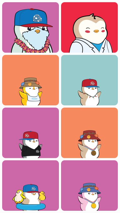 A grid of 8 cartoon penguin characters in various outfits and accessories, including hats, hoodies, and leis, displayed on different colored backgrounds.