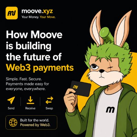 The image features a cartoon rabbit wearing a green hat holding a credit card or payment method, possibly a Web3 token, while standing against a black background with white text. The caption of the image reads "How Moove is building the future of Web3 payments", which suggests that the rabbit represents the concept of Web3 and its potential for fast, secure, and efficient transactions. The post emphasizes the importance of focusing on user-friendly products rather than just one feature or tool when it comes to building an ecosystem around Web3 payments.