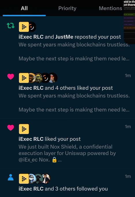 A screenshot of social media notifications shows iExec RLC reposting, liking, and following a post about building "Nox Shield, a confidential execution layer for Uniswap powered by @iEx_ec Nox."