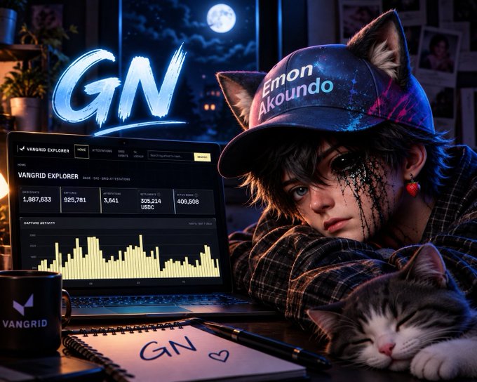 An AI-generated illustration of a character with cat ears and a blue cap reading 'Emon Akoundo,' crying black tears, sitting next to a cat, with a laptop displaying a 'VANGIRD EXPLORER' dashboard, a mug with the Vangrid logo, and a 'GN' neon sign.