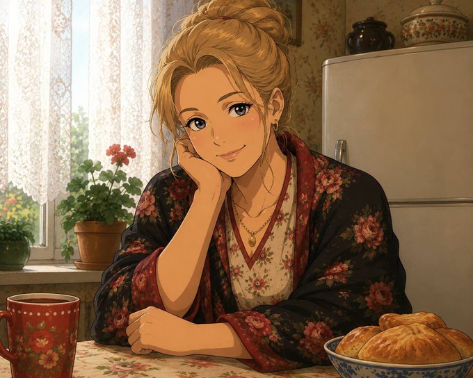 An anime-style illustration of a blonde woman in a floral robe resting her chin on her hand at a kitchen table, with a mug and a bowl of croissants nearby.