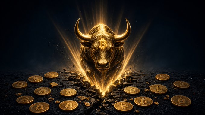 A digital artwork featuring a glowing golden bull head with a Bitcoin "B" symbol on its forehead, surrounded by scattered gold Bitcoin coins on cracked ground.