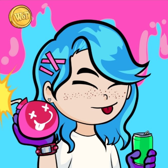 A chibi-style cartoon girl with bright blue hair, freckles, and a happy expression holds a pink mask with a smiley face and a green soda can, with a 'W&T' gold coin in the corner.