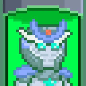 A pixel art character resembling a white-haired figure in ornate armor with a blue horned helmet, set against a green background.