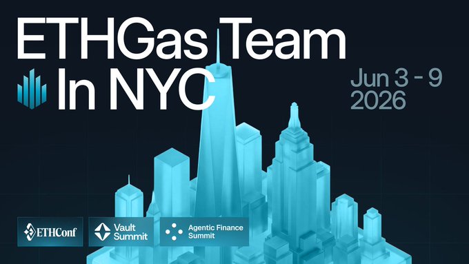 The image features a poster with an illustration of a city skyline at the center, surrounded by various buildings. The text on the poster reads "ETHGAS TEAM IN NYC" and "Jun 3-9 2026", indicating that this event is taking place in New York City during the week of June 3rd to 9th.