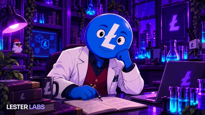 A stylized digital illustration features a blue cartoon Litecoin mascot wearing a lab coat and writing in a notebook, with "LESTER LABS" displayed in the bottom left corner against a purple-lit laboratory background.