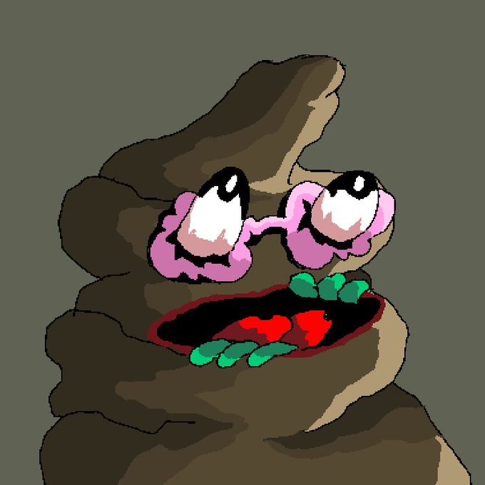 A crudely drawn cartoon illustration of a brown poop emoji character with large pink-rimmed teary eyes, a red open mouth, and green substance spilling out.