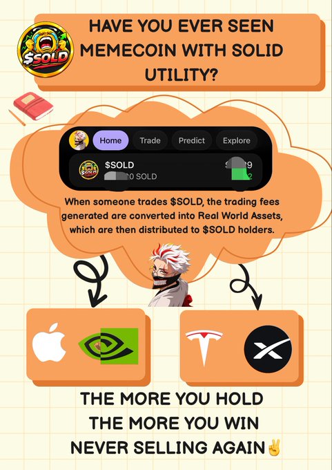 A promotional graphic for '$SOLD' memecoin featuring an anime character, explaining that trading fees are converted to Real World Assets distributed to holders, with the text 'THE MORE YOU HOLD THE MORE YOU WIN'.