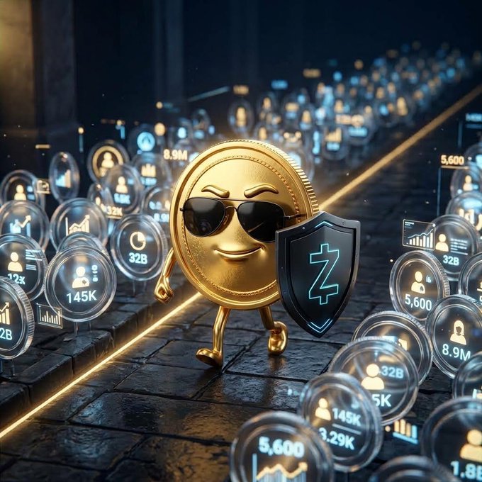 A 3D illustration shows a golden coin character wearing sunglasses and carrying a shield marked with a 'Z', surrounded by floating digital bubbles displaying user statistics like '8.9M', '145K', and '32B'.