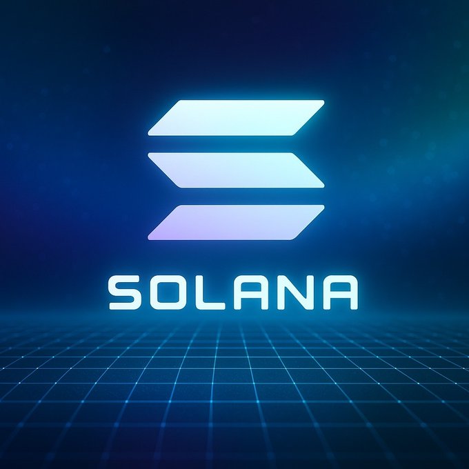 The image features the Solana logo, a stylized three-tiered gradient emblem in cyan and purple, set above the word "SOLANA" against a dark blue background with a futuristic glowing grid floor. The glowing, high-tech aesthetic visually reinforces the post's message about Solana's app ecosystem achieving record-high revenue and consistent weekly growth in August.