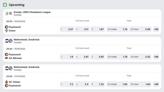A screenshot of an "Upcoming" sports betting interface displaying three upcoming football matches involving Feyenoord—versus Como in the UEFA Champions League on 14/10/2026, versus AZ Alkmaar in the Eredivisie on 10/10/2026, and versus SC Telstar in the Eredivisie on 17/10/2026—with associated odds for full-time results and over/under 3.5 goals, promoting the 1win betting platform.