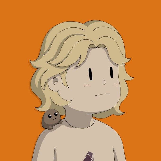 A digital illustration of a blonde character with a small brown creature on their shoulder against an orange background, wearing a white shirt with a geometric logo.