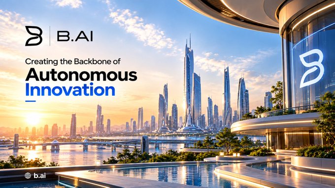 A promotional banner for B.AI with the text 'Creating the Backbone of Autonomous Innovation' set against a futuristic cityscape at sunset.