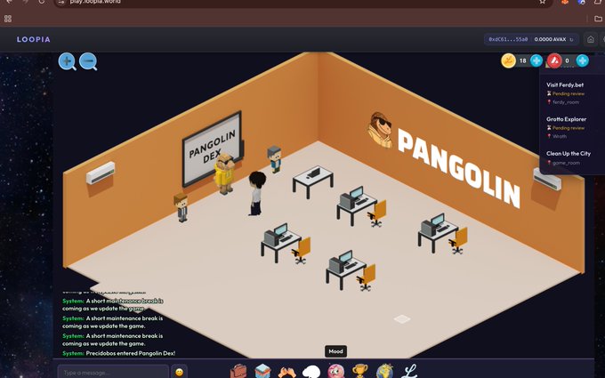 A pixel-art virtual office space on Loopia World displays the "PANGOLIN DEX" branding prominently on the walls, with avatars working at computer desks. The platform interface shows a system message announcing "Presaleex entered Pangolin Dex!" alongside a tasks panel listing missions like "Visit Pangly.bot" and "Giraffe Explorer" requiring the $PANGOLIN token.