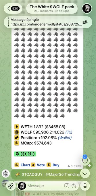The image shows a Telegram group chat "The White $WOLF pack" with a pinned message from X/Twitter discussing WETH at 1.832 ($3458.08), WOLF token showing massive gains (595,906,214.026%), +192.08% position, and $574,643 market cap, with "DEX PAID" status—displaying a massive grid of wolf emojis to emphasize the hype, fitting the post's "who's next" message suggesting big profits for those who bought WOLF.