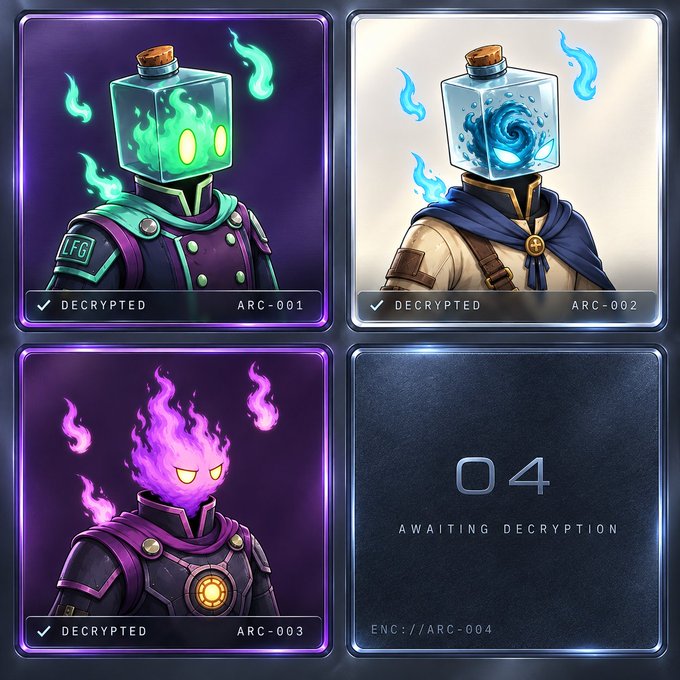 Four character cards from the Arcadians NFT collection are displayed, with three marked "DECRYPTED" (ARC-001, ARC-002, ARC-003) showing futuristic sci-fi creatures with green, blue, and purple flame-filled bottle or fire heads, while the fourth slot displays "04 AWAITING DECRYPTION" with the text "ENC://ARC-004," illustrating the collection's progressive reveal theme as referenced in the giveaway post.