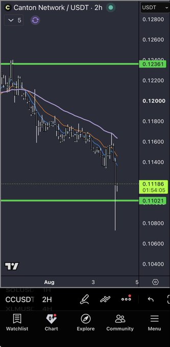The image shows a TradingView candlestick chart for Canton Network (CC/USDT) on a 2-hour timeframe, displaying a sharp downward price move that has fallen from around $0.12361 down to $0.11021, with the post highlighting that this exact $0.11021 level was identified as an institutional dark pool support zone over a month prior and has now been hit.