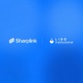 A blue gradient background displaying the logos of SharpLink and Lido institutional side by side, representing their partnership to stake $200 million in ETH with Anchorage Digital as custodian.