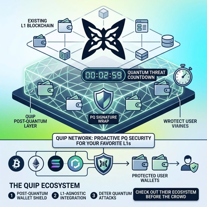 An infographic for 'QUIP Network: Proactive PQ Security for Your Favorite L1s' illustrates existing L1 blockchains protected by a post-quantum layer, with a quantum threat countdown timer and PQ signature wrap, covering Bitcoin, Ethereum, Solana, and other cryptocurrencies.