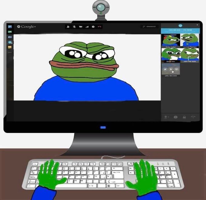 An illustration of a person represented as Pepe the Frog with green hands typing on a white keyboard, viewed from behind a computer monitor displaying a Google+ video call featuring the same frog character.