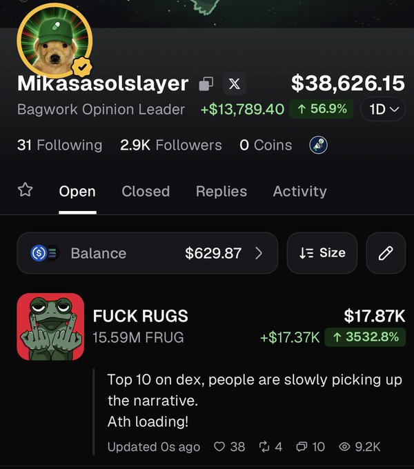 A screenshot of the "Mikasasolslayer" profile on Pump.fun shows a portfolio value of $38,626.15 (+56.9% in 1D), featuring a call-out for the token $FRUG ("FUCK RUGS") at $17.87K with a 3532.8% gain. The post explains the user is sharing higher-risk "bagworking" calls on Pump.fun while reserving lower-risk alpha for their Telegram channel.