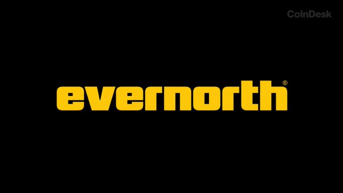 The image displays the "evernorth" logo in bold yellow text on a black background, with a "CoinDesk" watermark in the top right corner. This relates to the post about Evernorth delaying its Nasdaq debut and listing under the ticker $XRPN.