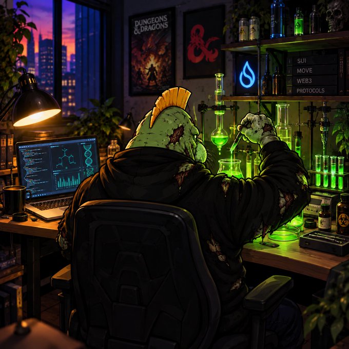 A hooded, zombie-like figure with a green mohawk works at a cluttered desk combining fantasy alchemy with cyberpunk aesthetics—mixing glowing green potions at a chemistry setup beside a laptop displaying molecular diagrams and analytics. Visible text includes "DUNGEONS & DRAGONS" and "D&D" posters on the wall, along with a digital display reading "SUI," "MOVE," "WEB3," and "PROTOCOLS," fitting the post's narrative of a GM launching "Act I – The Vial" with a Web3-meets-tabletop-RPG vision.