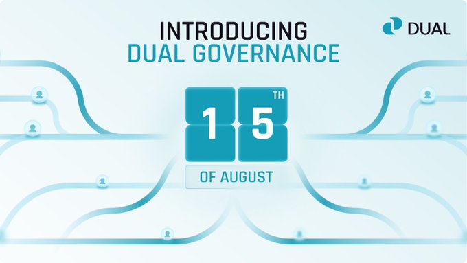 A promotional graphic with the text 'INTRODUCING DUAL GOVERNANCE' and '15TH OF AUGUST' displayed in the center, alongside the 'DUAL' logo in the top right corner against a light blue background with flowing line designs.