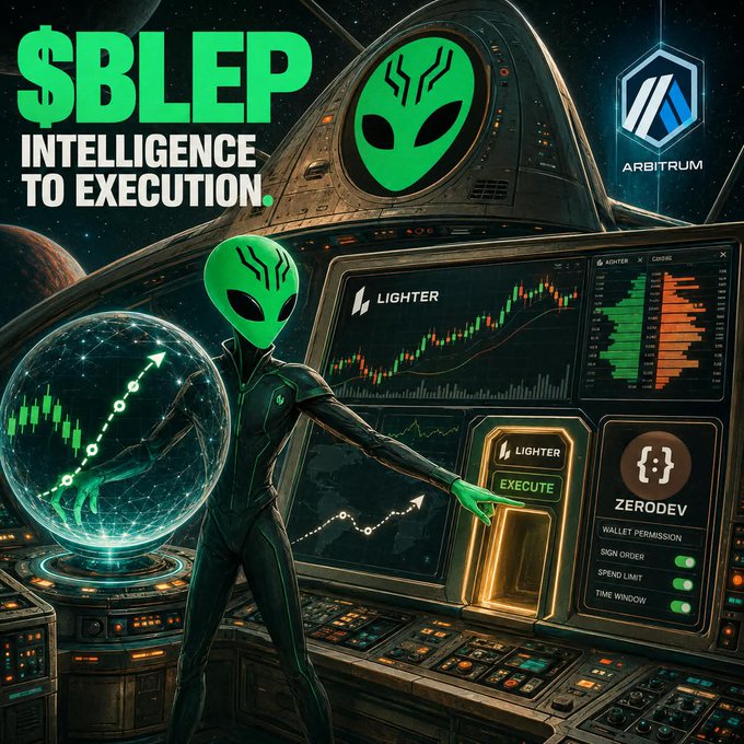 Promotional graphic reading "$BLEP INTELLIGENCE TO EXECUTION" featuring a green alien in a spaceship control room with Arbitrum and Lighter trading displays and a "ZERODEV" wallet permission panel.