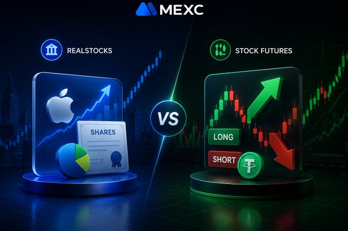 A MEXC promotional graphic compares 'REALSTOCKS' (featuring an Apple icon and shares certificate) against 'STOCK FUTURES' (showing long/short options) with stock charts in the background.