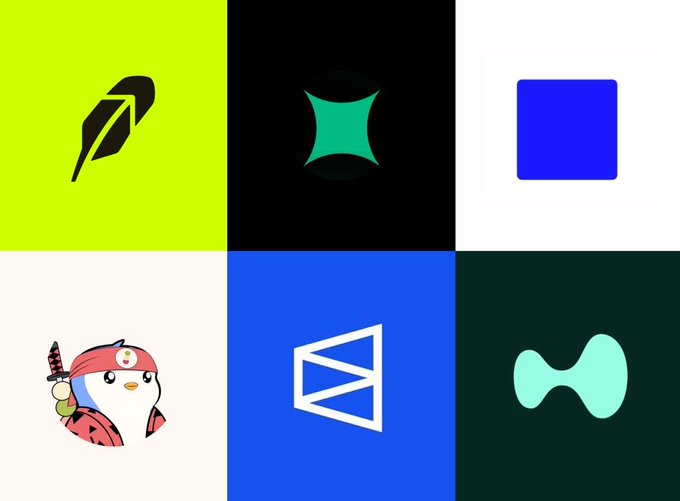 A 2x3 grid of cryptocurrency and blockchain project logos, including Extended (feather icon), Hyperliquid (teal square on black), a blue square logo, a penguin ninja mascot, a blue geometric logo, and a teal abstract shape, corresponding to the airdrop projects listed in the post such as Extended and Hyperliquid.
