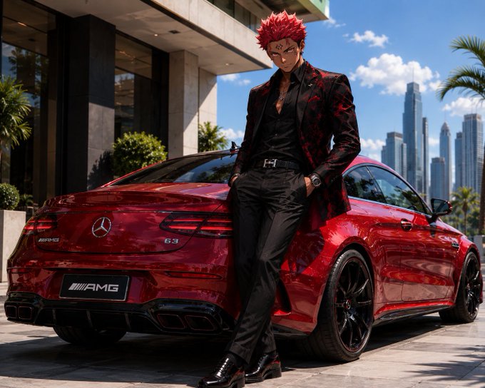 An anime-style character with red spiky hair and a black-and-red patterned suit leans against a shiny red Mercedes-AMG coupe, posed in front of a city skyline with palm trees.