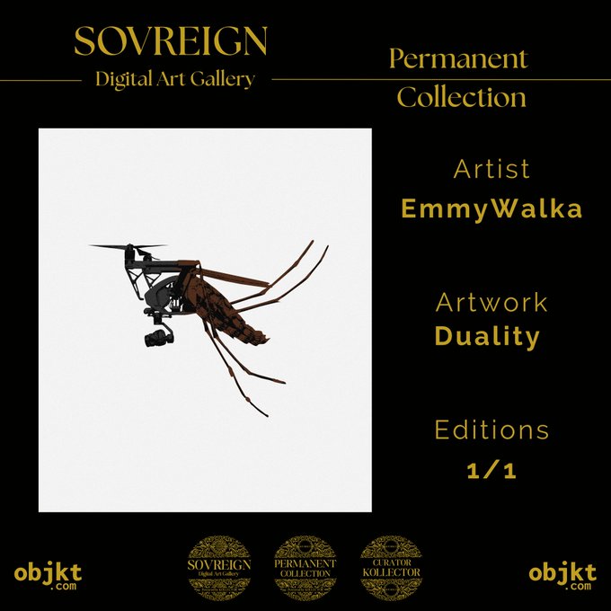 A Sovreign Digital Art Gallery display card showing 'Duality' by artist EmmyWalka, edition 1/1, featuring an image of a praying mantis equipped with a camera and helicopter blades.