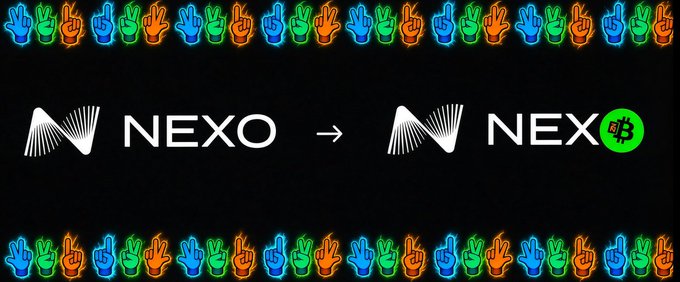A graphic showing the NEXO logo transitioning to 'NEX' with a Bitcoin symbol, surrounded by colorful neon peace sign borders.