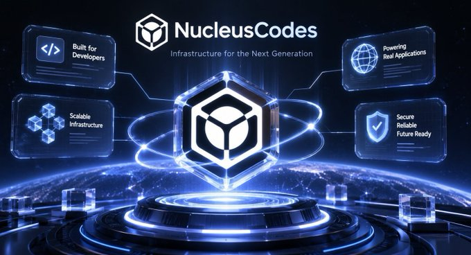 A promotional graphic for "NucleusCodes" with the tagline "Infrastructure for the Next Generation," highlighting four features: Built for Developers, Powering Real Applications, Scalable Infrastructure, and Secure Reliable Future Ready.