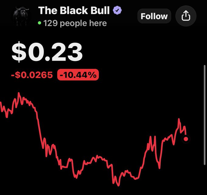 A screenshot of a financial tracking app showing a sharp decline in value. The name 'The Black Bull' is visible, with a current price of '$0.23', a drop of '-$0.0265', and a percentage change of '-10.44%' in red.