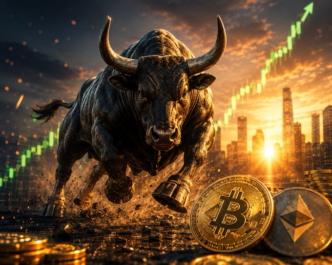 A charging bronze bull statue is depicted alongside Bitcoin and Ethereum coins with a green upward-trending candlestick chart against a sunset cityscape.