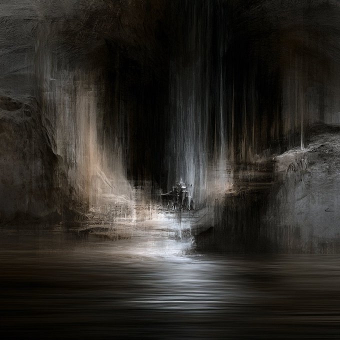 A moody, atmospheric digital painting depicting a dark cavern with cascading waterfalls, where a small figure sits on an illuminated ledge overlooking a still body of water.