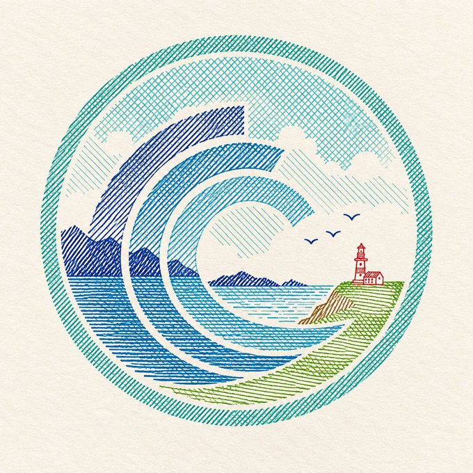 A circular emblem resembling a postage stamp, featuring a crosshatch-engraved coastal scene with rolling waves, distant mountains, birds in flight, and a red-and-white lighthouse on a grassy cliff, framed by a teal border with swirling wave motifs.

The image visually represents the "seeder" concept described in the post—a quiet lighthouse shining over the sea symbolizing how one small shared file (seed) can illuminate and guide countless users across the BitTorrent network, much like a lighthouse beam reaching far across the water.