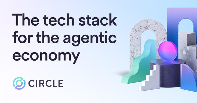 A promotional graphic displays the text 'The tech stack for the agentic economy' alongside the 'CIRCLE' logo and abstract 3D shapes.
