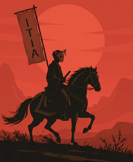 The image features a man riding a horse, holding a banner or flag that says "ITIA". The scene takes place at dusk with a red sky as the backdrop. The man appears to be dressed in traditional Japanese clothing, possibly a kimono, which adds an element of cultural context to the image. The post also mentions that it is about "still building" and "@quipnetwork", suggesting that the rider might have participated in or is participating in some form of online event or competition related to the ITIA flag.