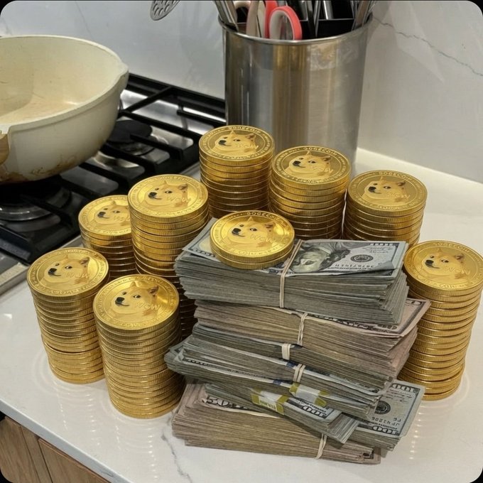 Stacks of Dogecoin (DOGE) coins and bundles of cash are displayed on a kitchen counter, symbolizing the "Stack" concept referenced in the post about accumulating Dogecoin. The arrangement visually represents crypto holdings alongside traditional currency, reinforcing the message of building wealth in $DOGE.