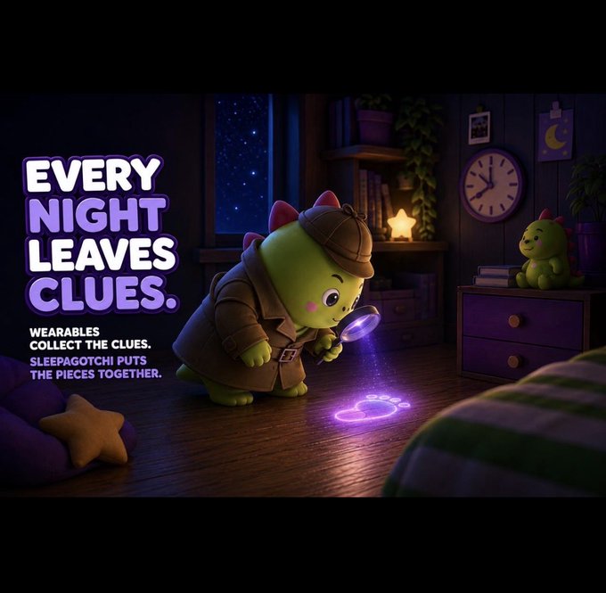 A promotional image featuring a detective dinosaur character examining a glowing purple footprint clue with a magnifying glass, with text reading 'EVERY NIGHT LEAVES CLUES' and 'WEARABLES COLLECT THE CLUES. SLEEPAGOTCHI PUTS THE PIECES TOGETHER.'