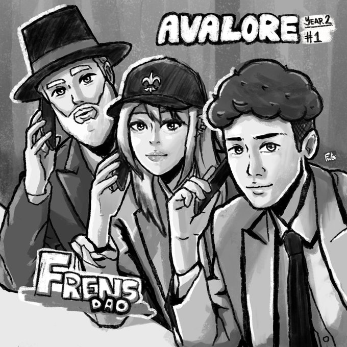 Black and white manga-style illustration of three stylized characters (one in a top hat, one in a cap, one in a curly wig) with the text "AVALORE YEAR 2 #1" and a "FRENS DAO" logo.