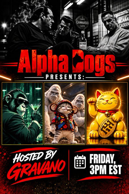 A promotional poster reads 'Alpha Cogs Presents: Hosted by Gravano, Friday 3PM EST,' featuring images of men in suits at a bar and three stylized cartoon animal characters.
