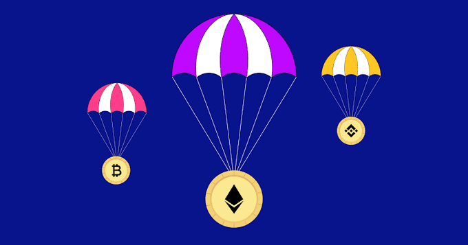 An illustration showing three cryptocurrency coins (Bitcoin, Ethereum, and BNB) descending with colorful parachutes against a dark blue background.